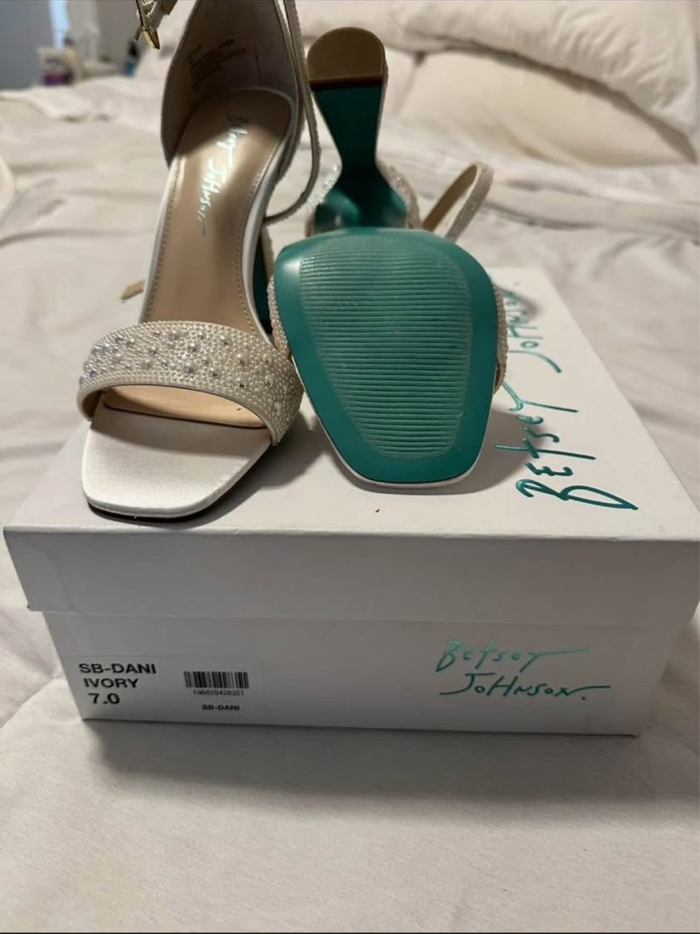 Betsey Johnson Ivory Crystal Ankle-Strap Block Heel Sandal with Teal Sole